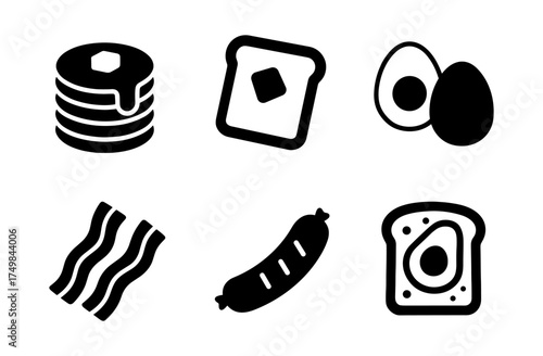 Breakfast icons: pancakes, toast, eggs, bacon, and sausage