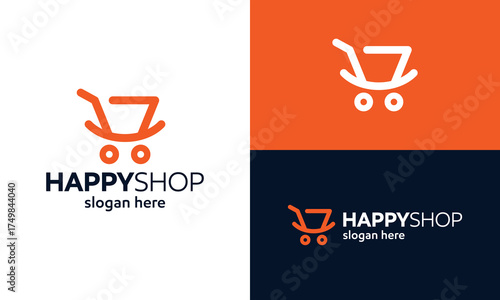 Happy shopping logo design. Abstract shopping cart design with smile graphic icon symbol