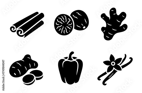 Set of spice icons: cinnamon, nutmeg, ginger, turmeric, bell pepper, vanilla
