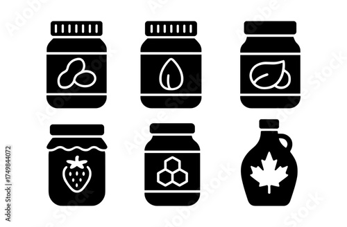 Black and white food jar icons set with maple syrup and nut designs