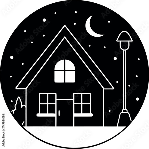 Serene Nighttime House Scene with Crescent Moon and Stars A charming black and white illustration of a cozy house under a starlit sky, with a crescent moon