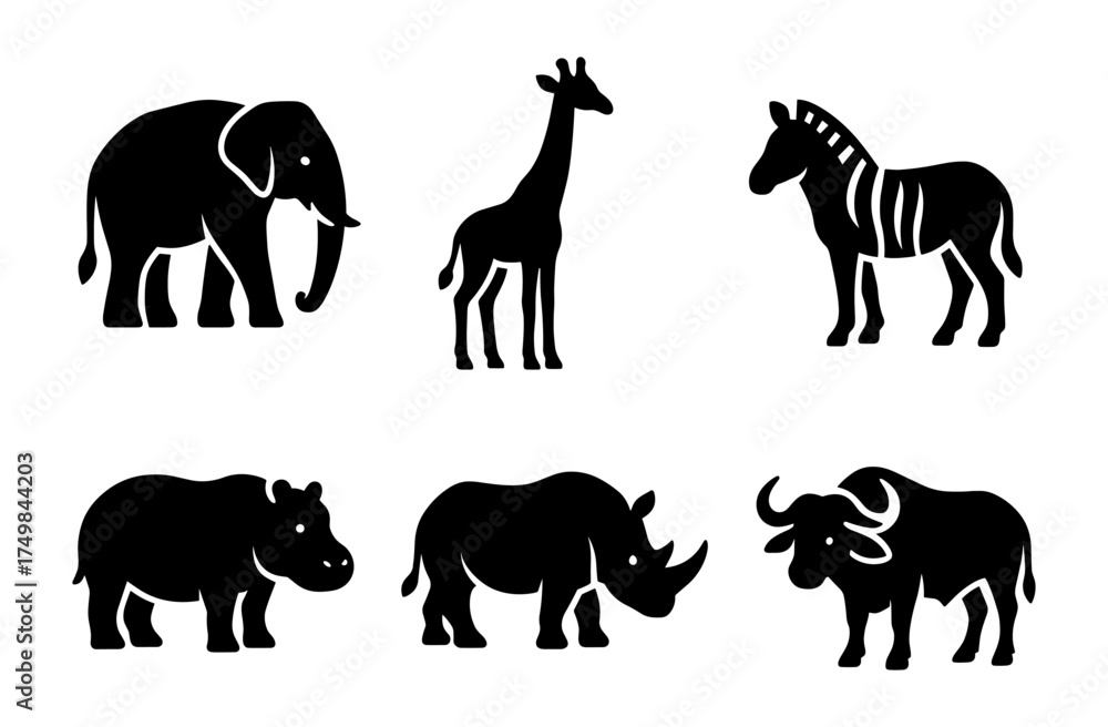 Fototapeta premium Silhouette icons of african wild animals in minimalist design