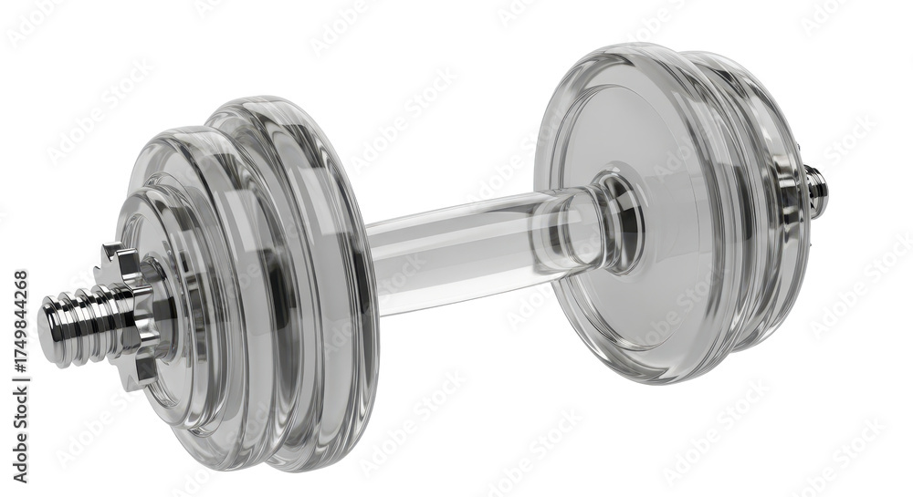 Fototapeta premium Transparent glass dumbbell isolated on a white background, showcasing light reflections and a detailed 3D rendering