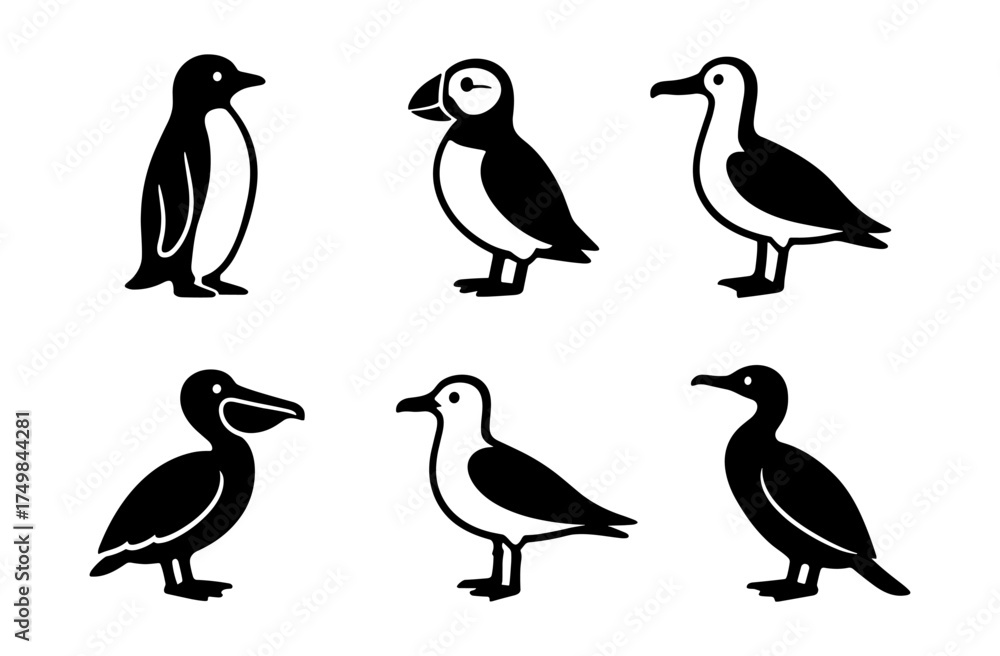 Obraz premium Minimalist bird silhouettes: penguins, puffins, and more for design use