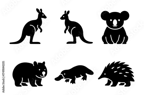 Silhouette icons of australian animals: kangaroo, koala, wombat, platypus, echidna