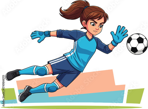Cartoon illustration of a determined young female soccer goalie diving horizontally to block a football, showcasing her agility and focus during a game