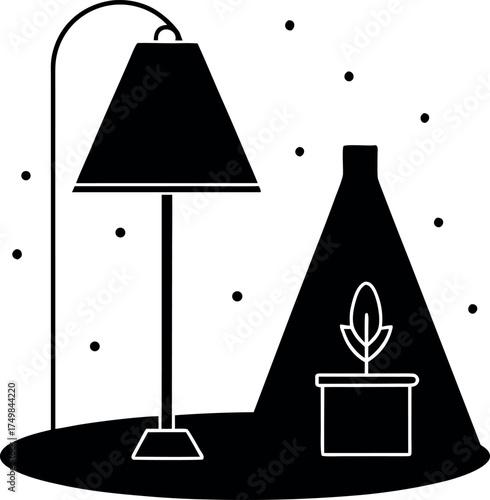 Monochromatic Serenity An Illustration of a Table Lamp Illuminating a Potted Plant Creating a Calm and Minimalist Aesthetic with a Playful Dot Pattern