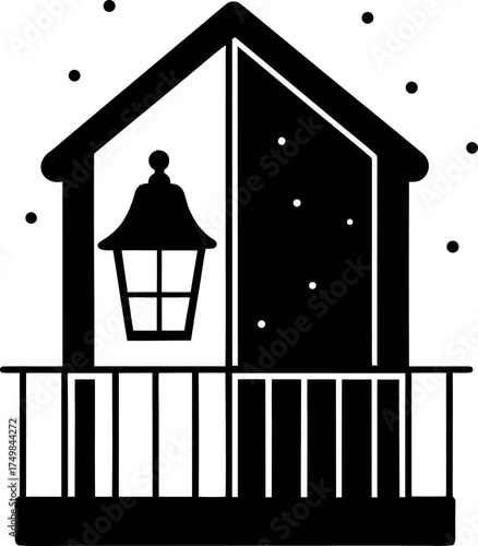 Silhouette of Balcony View During Winter Season with Minimalist Illustration Style Portraying Serenity and Peaceful Atmosphere in Black and White Aesthetic