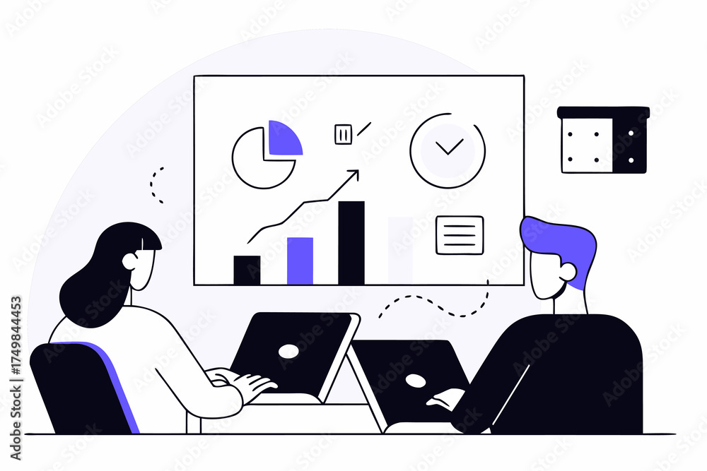 Naklejka premium Business Project Development Vector Illustration Financial Data Analysis and Teamwork for Strategic Planning