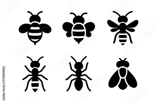 Minimalist insect silhouettes: bees, ants, and flies in black and white