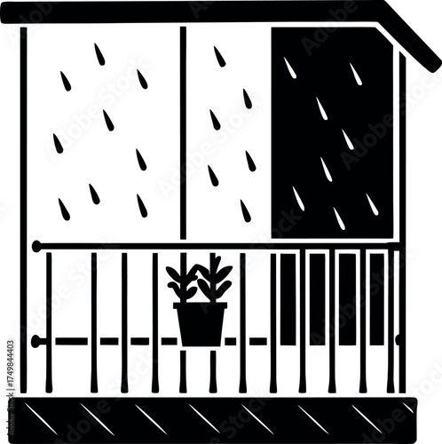 Stylized Black and White Balcony Scene Rainy Weather with a Flower Pot Depicted in the Middle of the Railing with Overhanging Roof