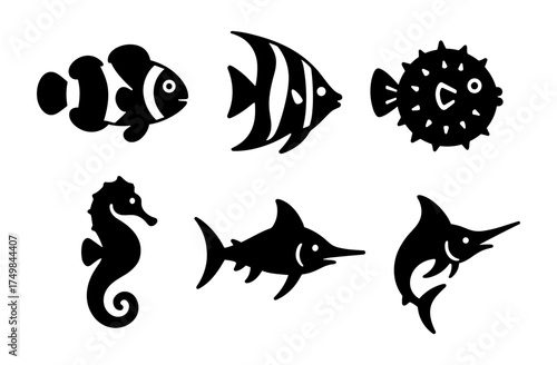 Silhouette of marine animals featuring fish, seahorse, and swordfish