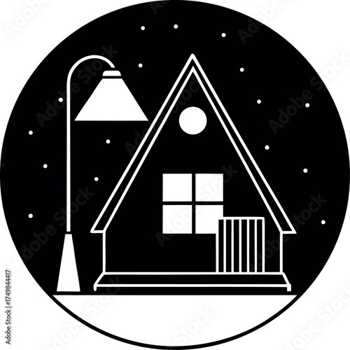 Minimalist Winter Cabin Scene a Cozy A Frame Home Under a Starry Sky with a Gentle Lamp and Snowdrift Silhouette in a Black Circle