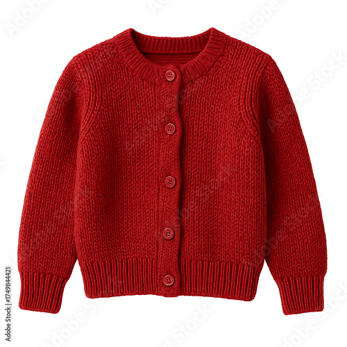 Red knitted cardigan sweater with buttons front view isolated on transparent background