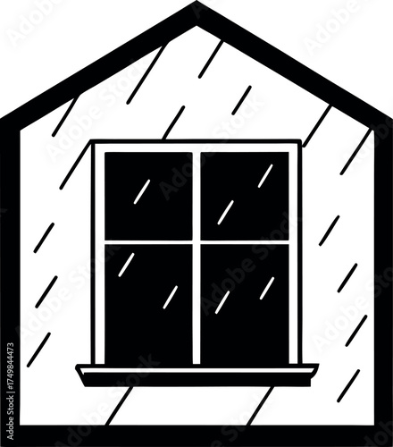 Stylized Rainy Window Silhouette in a Home Illustration for Weather, Comfort, and Shelter themed Designs with a Classic Black and White Appeal