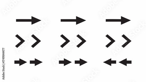 A collection of forward and backward directional arrows arranged in a grid pattern on a white background | editable eps vectors silhouette