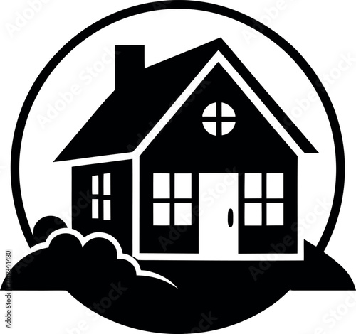 Charming Home Illustration Simple Black and White Design of a House with a Circular Border Providing a Sense of Warmth and Belonging