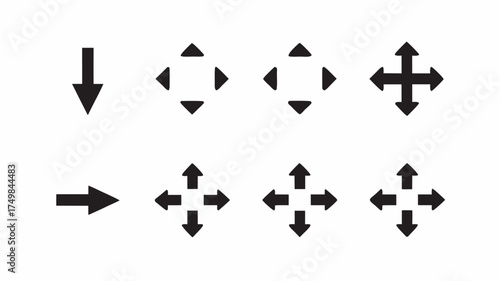 Black arrow icons pointing in different directions arranged on a white background in a symmetrical pattern | editable eps vectors silhouette
