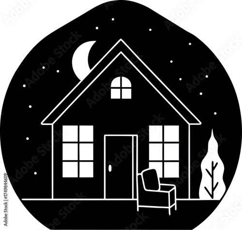 Cozy Home Under the Night Sky An Illustration of a Quaint House with a Crescent Moon and Starry Backdrop Peace and Comfort