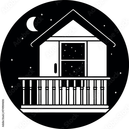 Monochromatic Nighttime Cabin Scene with Stars and Moon Serene Black and White Vector Art of a Quaint House Illustration