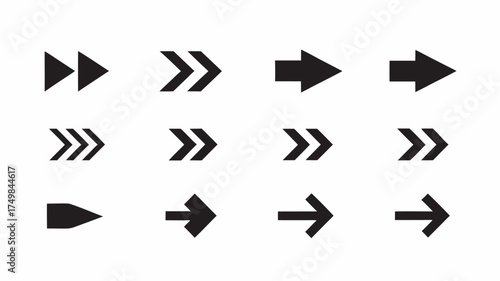Illustration showing twelve black arrow icons pointing to the right in various styles on a white background | editable eps vectors silhouette