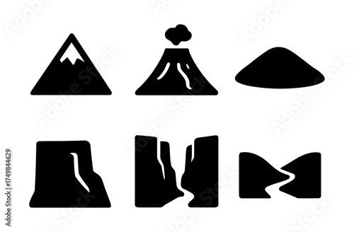 Simplified mountain silhouette icons: volcano, canyon, and plateau