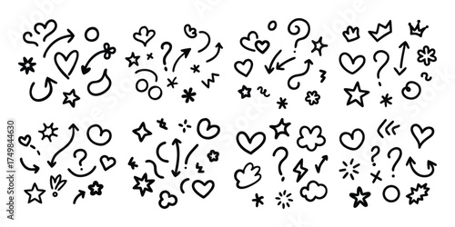 Collection of hand drawn doodle elements including hearts arrows stars and question marks