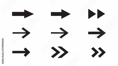 Illustration of nine black arrows in different styles pointing to the right on a white background image design | editable eps vectors silhouette