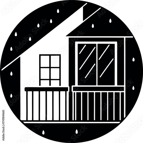 Stylized Black and White Emblem of a House in the Rain Framed in a Circle Symbolizing Home Security and Weather Protection with Simple Lines