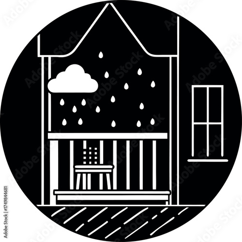 Monochromatic House Vector Depicting Rainy Weather Pattern With Cloud and Falling Raindrops Near a Window in a Whimsical Black and White Design