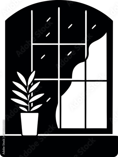 Stylized Window with Curtains and Plant Decorative Black and White Scene Featuring Natural Light and Home Decor Elements in a Window Display