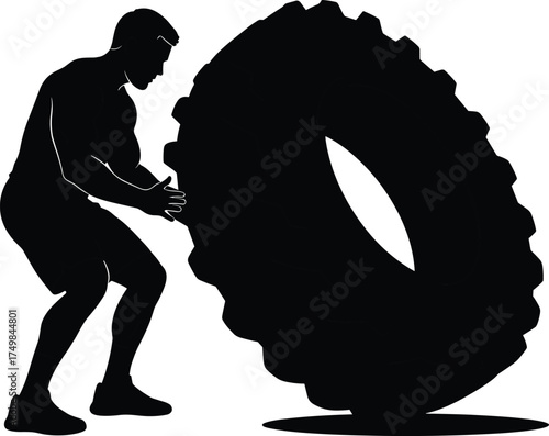 Silhouette man flipping tire, strength training workout, functional fitness exercise, gym activity, power endurance, rugged tire, flat vector illustration