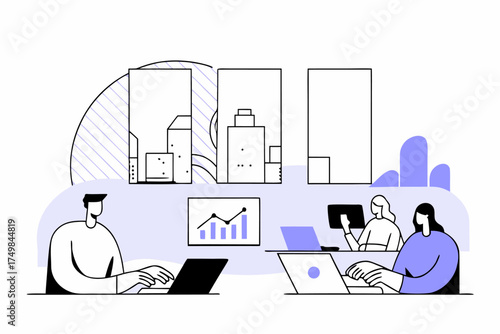 Data-Driven Teamwork Illustration Depicting Business Analytics and Collaborative Strategy with Communication Technology in a Modern Office Setting for Enhanced Decision Making