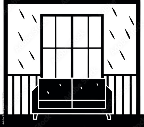 Abstract Black and White Living Room Interior Depiction Minimalist Design Window View Couch and Simple Decor Creating Cozy Ambiance Refined Simplicity