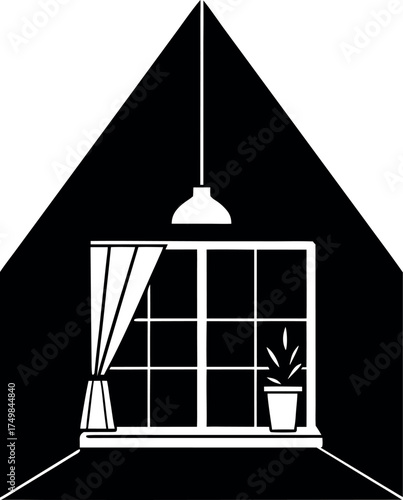 Artistic Interior Illustration A Window View with Plant and Lamp Creating a Cozy Indoor Setting, Perfect for Wall Art or Minimalist Design