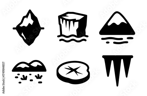 Minimalist nature icons: mountain, iceberg, tree stump, and more
