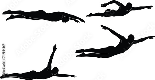 Swimming silhouette, freestyle stroke, swimmer motion, black figure, aquatic sport, training technique, swim phases, water exercise, athlete movement, flat vector illustration