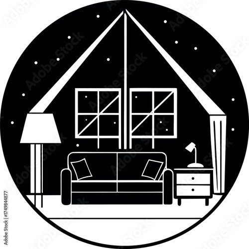Monochromatic Living Room Scene a Cozy Interior Design Featuring a Couch Windows Lamps and a Nightstand Creating a Serene and Inviting Atmosphere