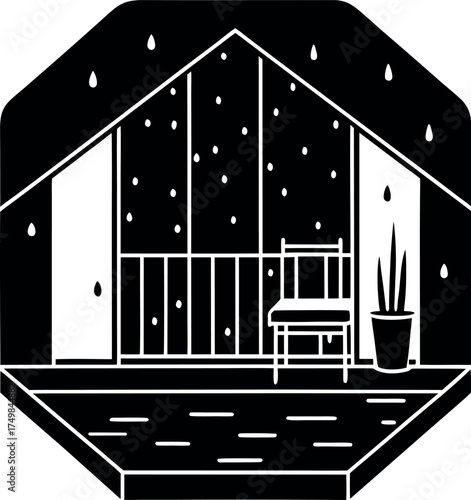 Black and White Rainy Day Greenhouse Interior Design a Serene Illustration of Indoor Tranquility in Monochromatic Palette Raindrops Falling Down
