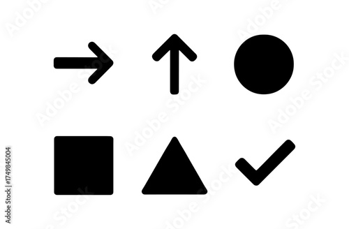Minimalist icon set: directional arrows, geometric shapes, and symbols