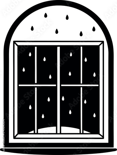 Black and White Window Icon Depicting a Rainy Scene and a Window Sill with Four Panes of Glass