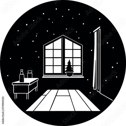 Monochromatic Interior Scene with Winter Night Sky Glimpsed Through a Gridded Window and a Christmas Tree Displayed Prominently in Room