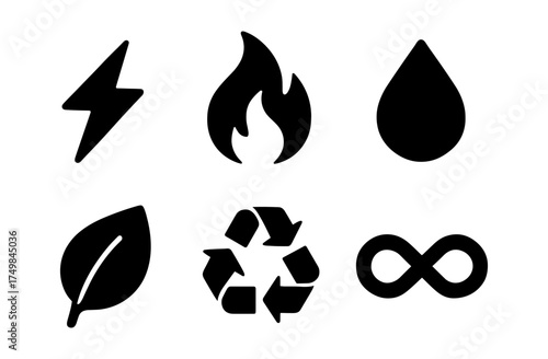 Black silhouette eco energy icons: lightning, fire, water, leaf, recycle, infinity