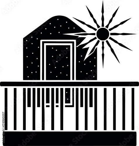Stylized Balcony View of a Building with Starry Details and a Radiant Sun in a Flat Vector Design Aesthetic
