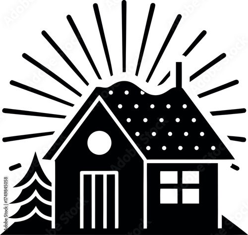 Stylized Winter Cabin in Silhouette Design Featuring a Snow-Capped Roof, Adjacent Evergreen Tree, and Radiant Sunbeams Emanating from Behind the Dwelling