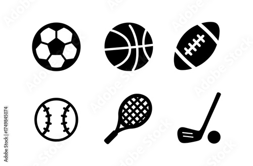 Set of sports ball icons in simple black silhouette style