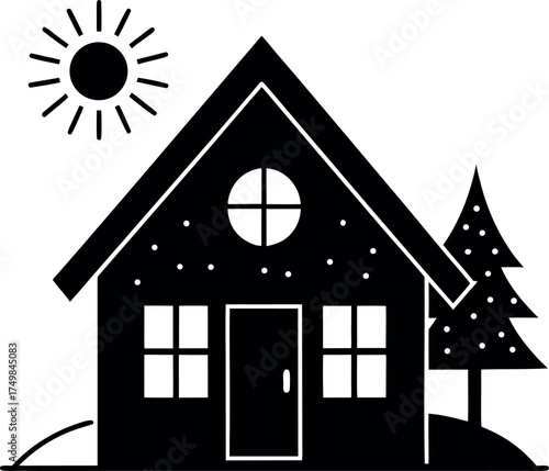 Cozy Cabin Retreat A Simple Silhouette of a Quaint House Under the Sunlight Nestled Beside a Pine Tree in a Serene Landscape