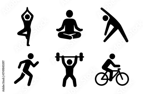 Silhouette icons of yoga, exercise, and fitness activities for modern design