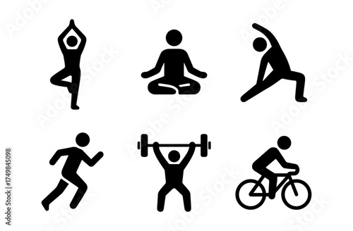 Silhouette icons of exercise and fitness activities for healthy living