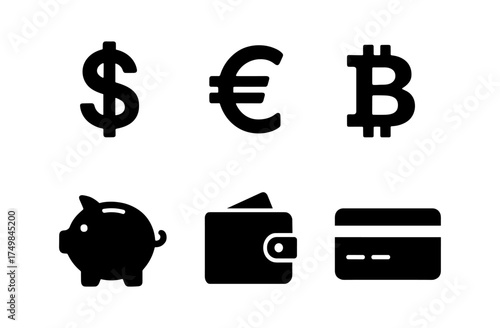 Monochrome money icons: dollar, euro, bitcoin, piggy bank, wallet, credit card